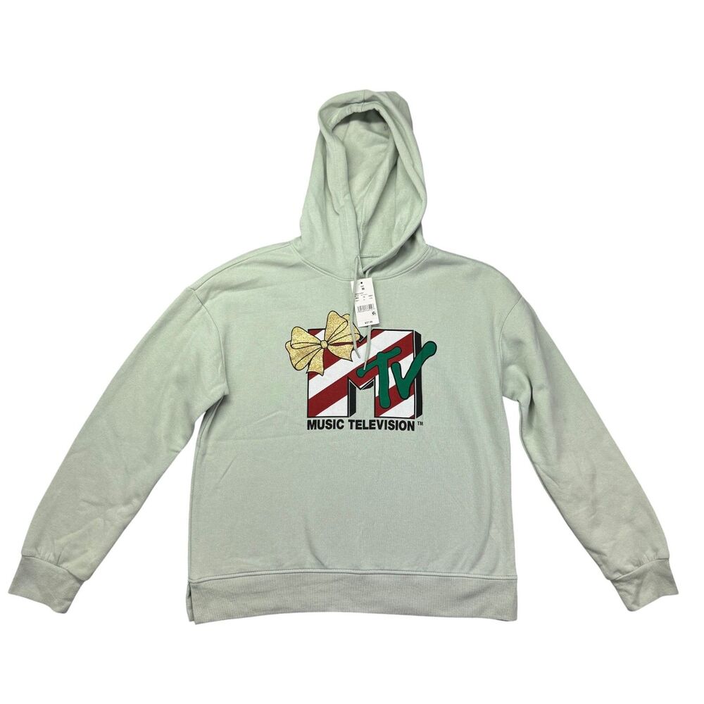 MTV Hoodie Womens Medium Green Christmas Music Television Present Sweatshirt NWT